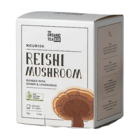 Reishi Mushroom Nourish organic tea box by The Organic Tea Box, blended with Ginger and Lemongrass, 40g